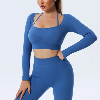 seamless Solid Color ribbed hanging neck quick dry Gym Women Fitness Long Sleeve Yoga Shirt Sport Top Comprehensive Training jog