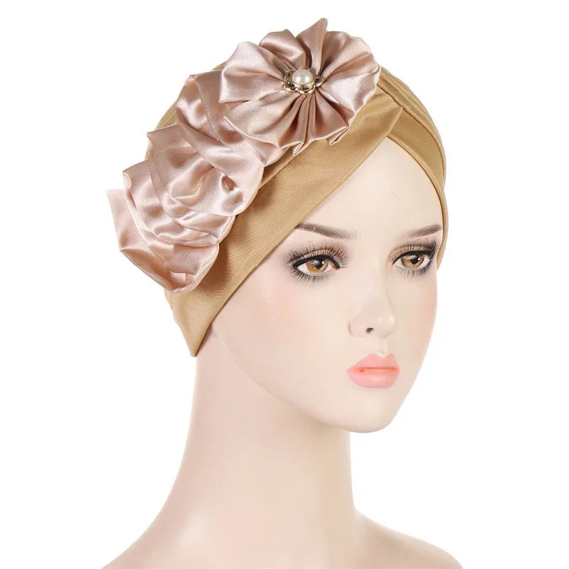 KepaHoo Women Turban Cotton Top Knot Flower Decor Headwrap Muslim Ladies Hair Cover Beanie Islamic Scarf Turban Caps Indian Cap