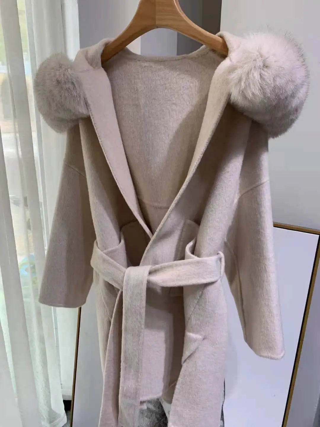 MENINA BONITA 2023 Fashion Belted Cashmere Coats Winter Hooded Wool Coat with Real Fox Fur Collar Cuff Women Warm Trench Peacoat