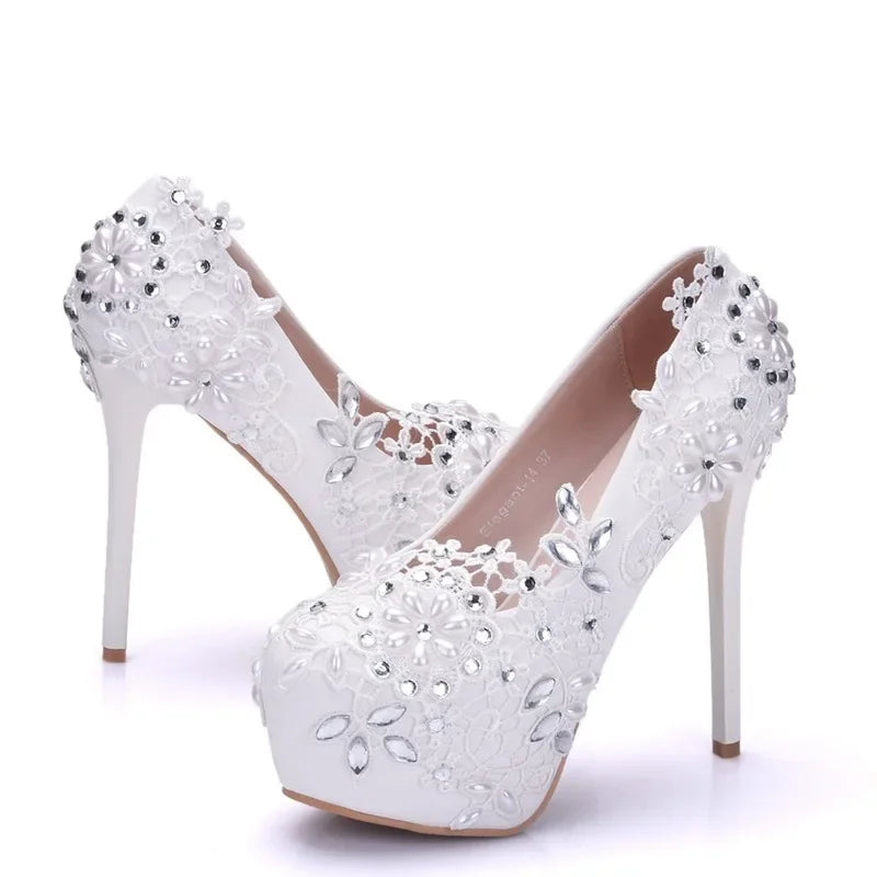 Women Pumps Platform Rhinestone Flower Fashion Office Shoes Round Toe Thin Heels 14CM High Heels Platform Women's Wedding Shoes