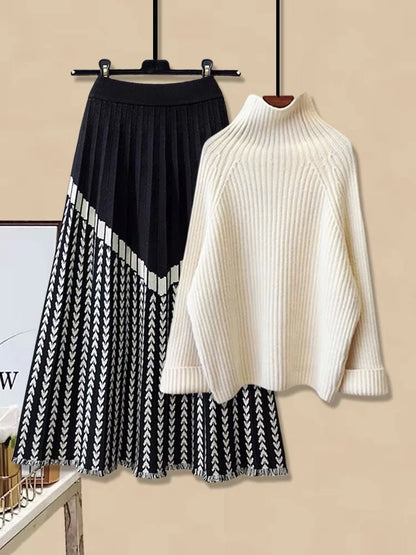 Autumn Winter Warm Knitted Suit Women Long Sleeve Half Turtleneck Knitting Sweater+striped Patchwork Knitting Skirts Sets 2023