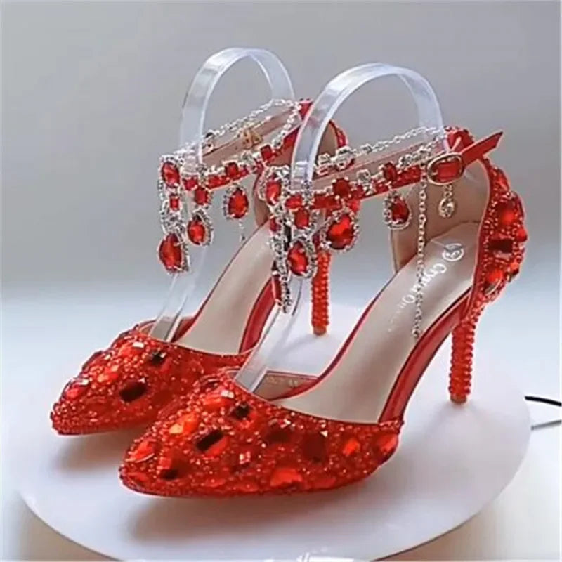 Hot Selling Women Shoes Pumps Dress Rhinestone Breathable Hollow Pointed Toe Thin Heels 9.5CM Women's Wedding High Heels Shoes