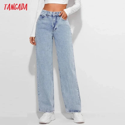 Tangada 2021 Fashion Women Loose Blue Wide Leg Jeans Pants Long Trousers Pockets Buttons Female Pants JE164