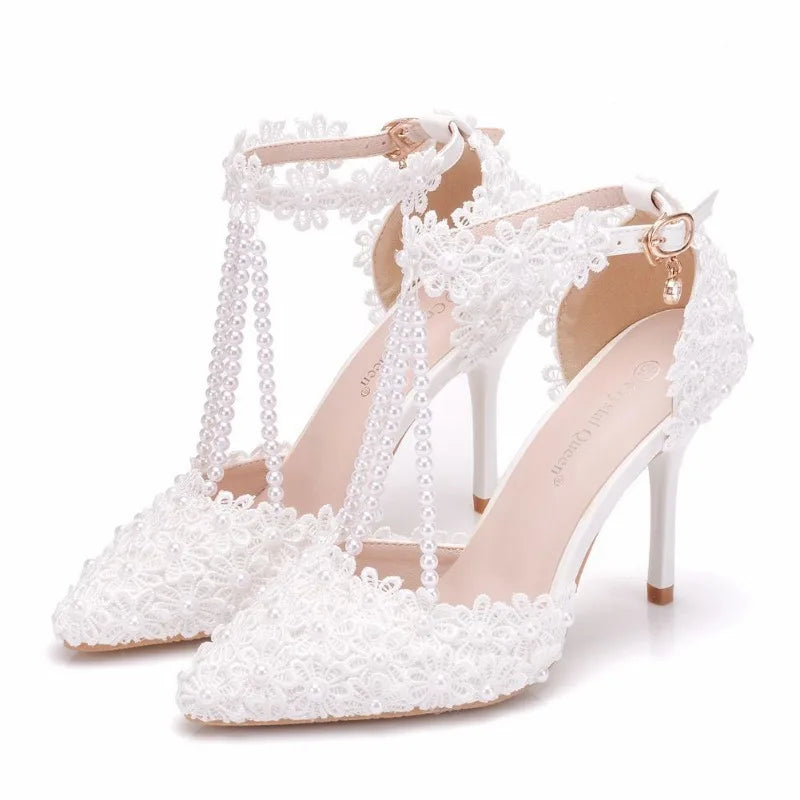 Sandals Women 2023 Office Career Pointed Toe String Bead Buckle Strap PU 9CM Thin Heels Lace Lady Wedding Heels For Women White