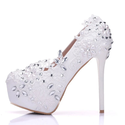 Women Pumps Platform Rhinestone Flower Fashion Office Shoes Round Toe Thin Heels 14CM High Heels Platform Women's Wedding Shoes