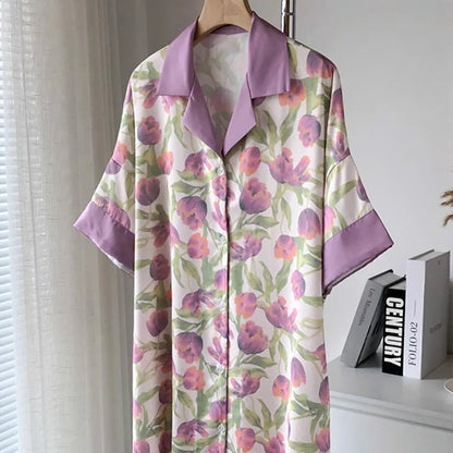 Tulip Print Beautiful Girl Short Sleeves Sleepwear Sweet Advanced Sense Cardigan Breathable Pijamas Women Pyjamas Cute Homewear