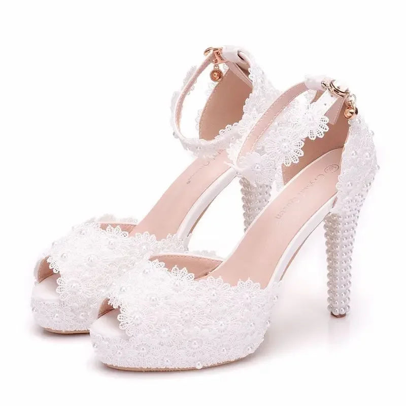 Hot Selling Women Shoes Pumps Dress Breathable Hollow Lace Buckle Strap Peep Toe Thin Heels11CM High Heels Shoes Women's Wedding