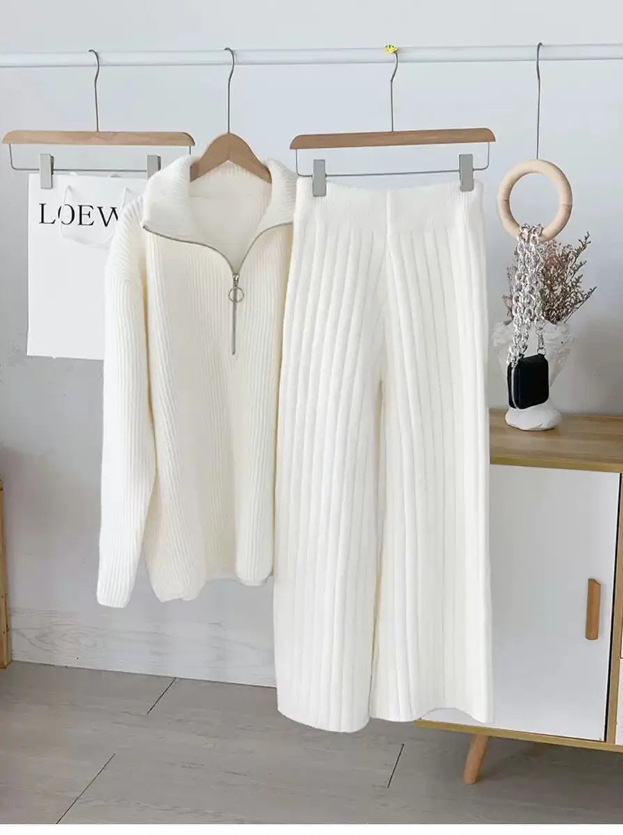 Autumn and Winter Zipper Sweaters Set Thickening Warm Knitted High Waist Women Pants Suit White Elegant Two Piece Set for Women