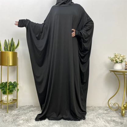 Middle East Muslim Women's Islamic Dress Robe Loose Bat Sleeve Dress Pure Colour With Small Bag Elegant temperament