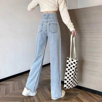 S-5XL High Waisted Jeans Women Simple Baggy Design Fashion Korean Style Vintage College Daily Trousers All-match Wide Leg Spring