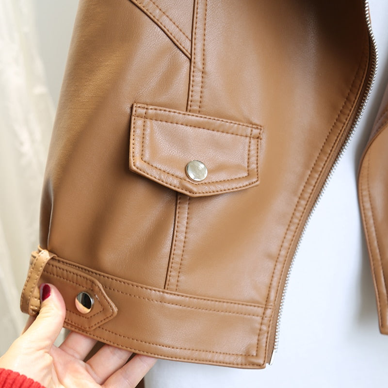 Leather Jacket for Zipper Biker Faux Brown PU Outwear