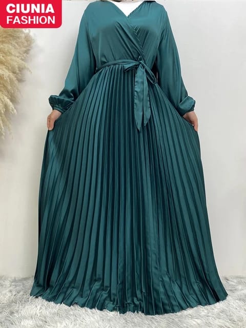 Elegant Satin Abaya Kaftan Dress – V-Neck Muslim Women’s Evening Wear