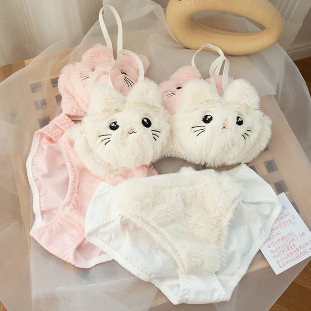 Japanese Kawaii Plush Women’s Cat Bra Set – Adorable Cartoon Underwear for Cute Comfort