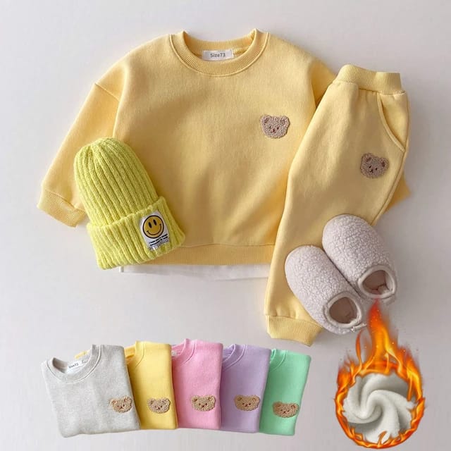 Korean Kids Bear Embroidery Fleece Pullover Set – Cozy Girls’ Sweatshirt and Harem Jogger Pants Combo