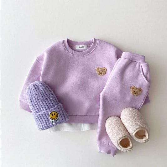 Korean Kids Bear Embroidery Fleece Pullover Set – Cozy Girls’ Sweatshirt and Harem Jogger Pants Combo