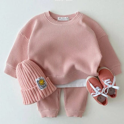 Korean Waffle Cotton Kids Tracksuit Set for Spring and Autumn