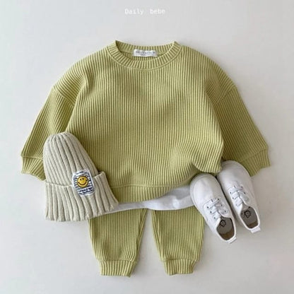 Korean Waffle Cotton Kids Tracksuit Set for Spring and Autumn