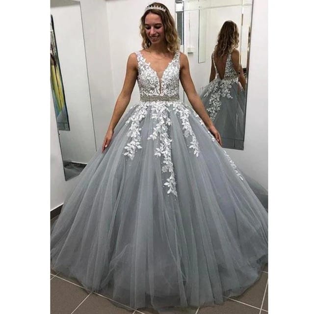 2023 Gray Color Wedding Dress With Trian Sexy V-neck Bridal Dress Backless Ball Gown Luxury Vestido De Noiva