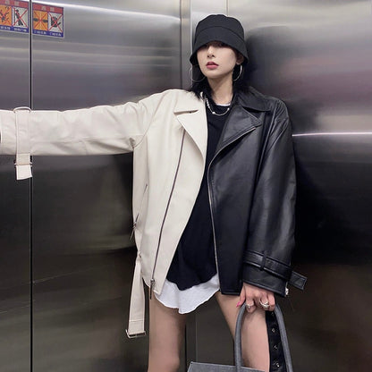 Bike Moto Jacket Loose Oversize Faux Leather Patchwork Color Black White PU Outwear