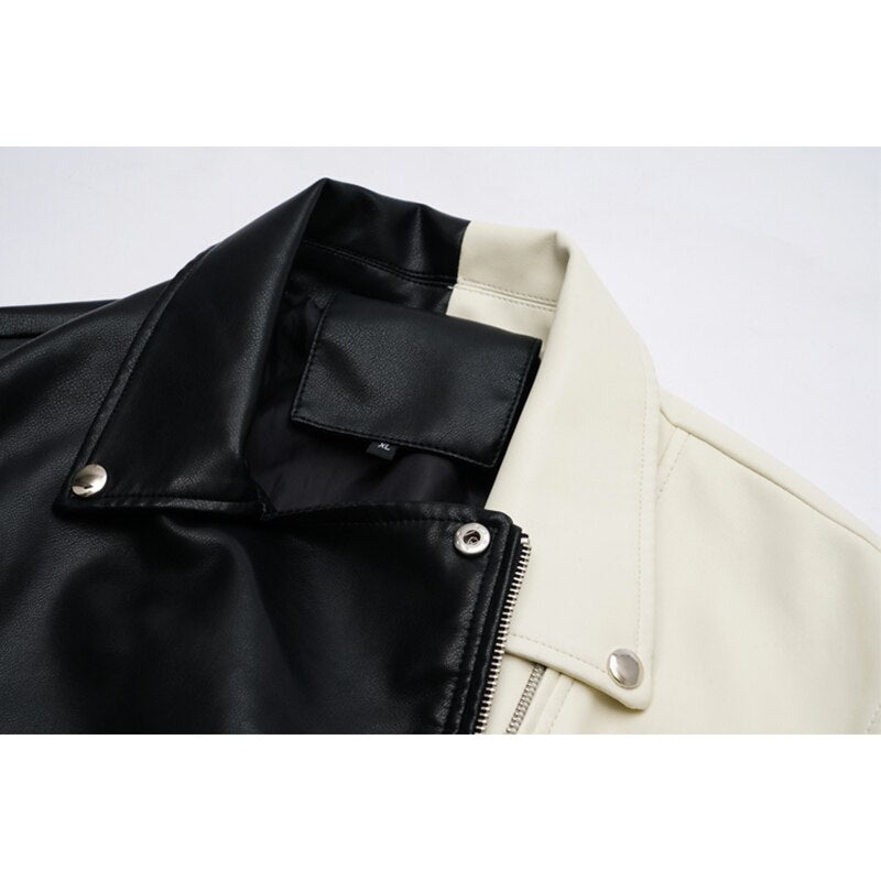 Bike Moto Jacket Loose Oversize Faux Leather Patchwork Color Black White PU Outwear