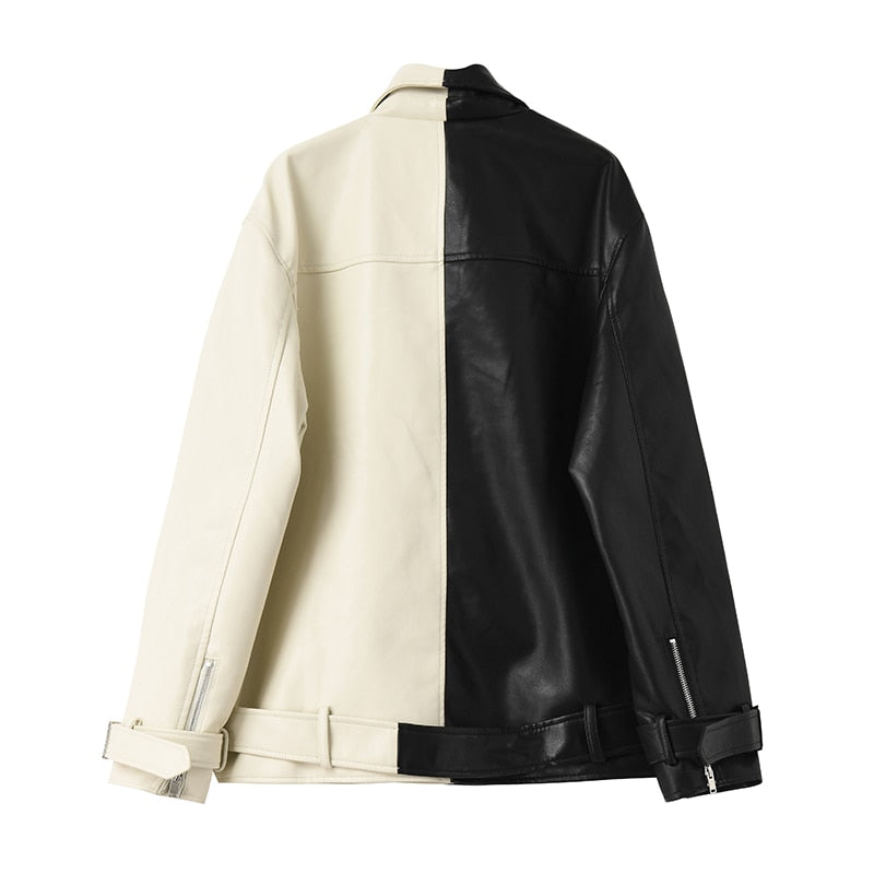 Bike Moto Jacket Loose Oversize Faux Leather Patchwork Color Black White PU Outwear