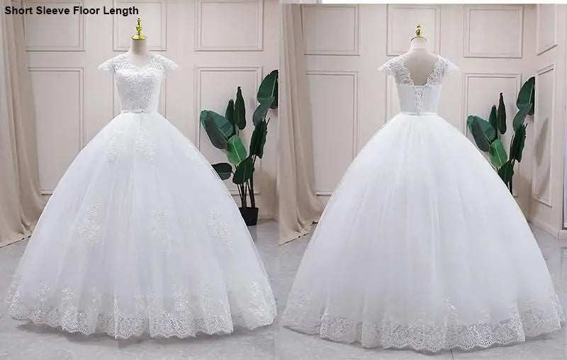 2023 Half Sleeve Floor Luxury Lace V Neck Ball Gown Wedding Dresses Short Sleeve Princess Illusion Applique Bridal Gowns Casamento